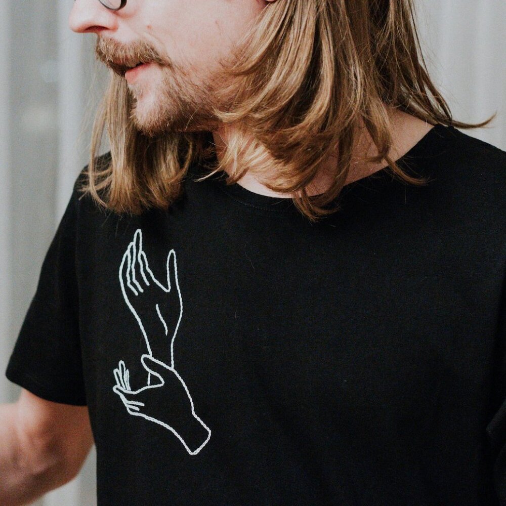 Hand Embroidered Black T-SHIRT with 'Twin Peaks' Laura's Palmer's hand gesture '